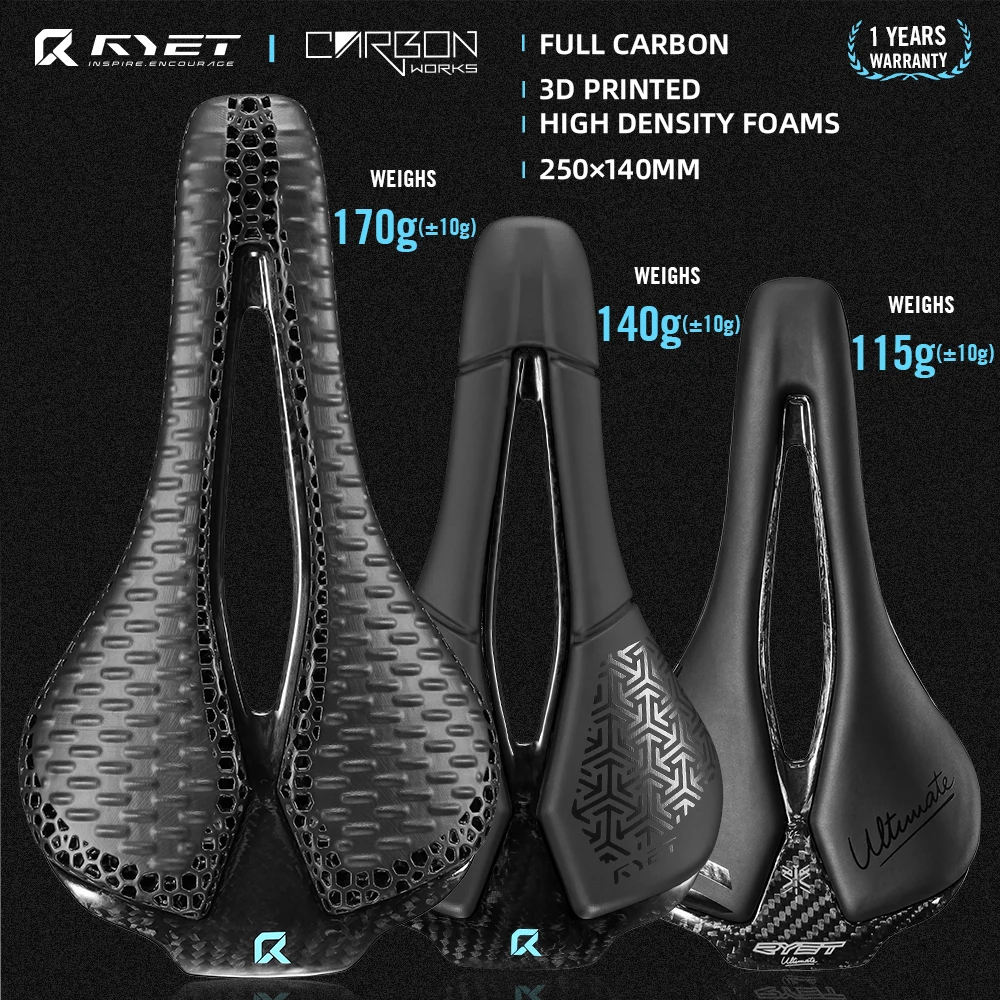 RYET Full Carbon 3D Printed Bike Saddle 250mm*140MM 115g 7*9mm Carbon 3D Printed Bicycle Seat MTB Gravel Road Saddle Bike Parts