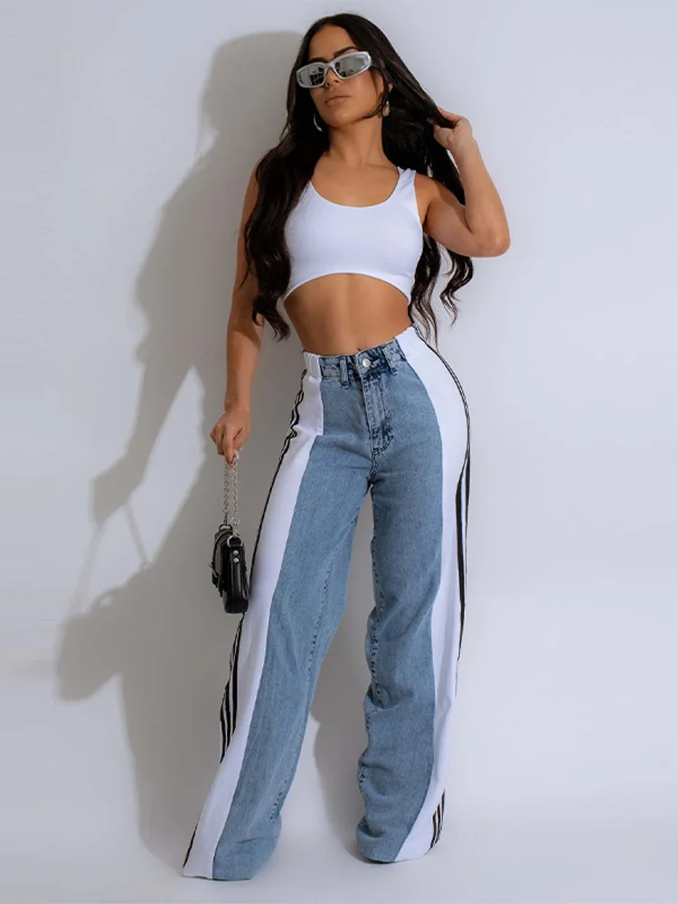 Splicing Three Stripe Wide Leg Denim Pants Women Casual High Waisted Elastic Straight Leg Pants Color Block Straight Trouser ﻿