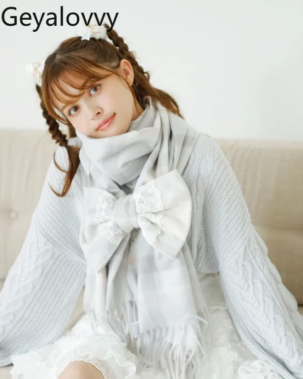 

Новинка осенне-зимнего сезона: шарф для девочек с бантом и кисточками, в клетку, массовое производство, в стиле Лолита и японский стиль, теплые шарфы для женщин