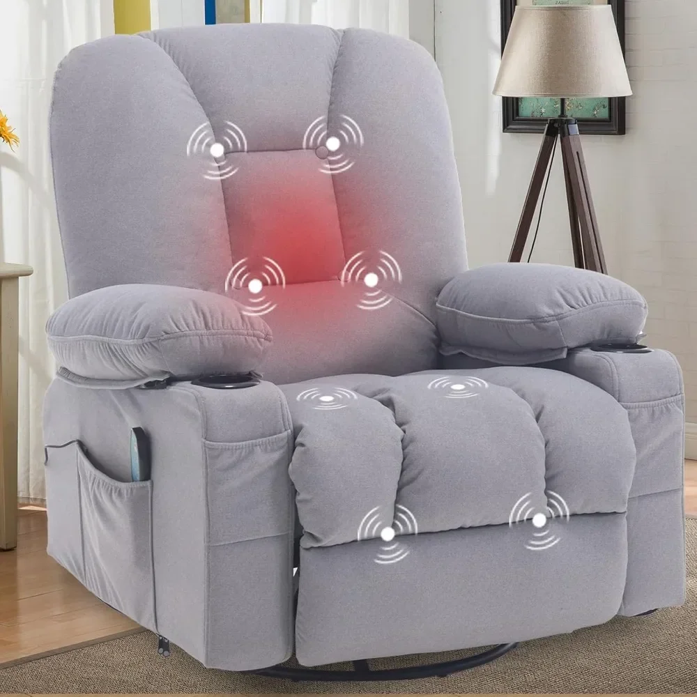 Recliner Chair for Adults,Rocker Recliners with Massage Heat,Fabric Overstuffed Swivel Glider with Cup Holder,Living Room Chairs