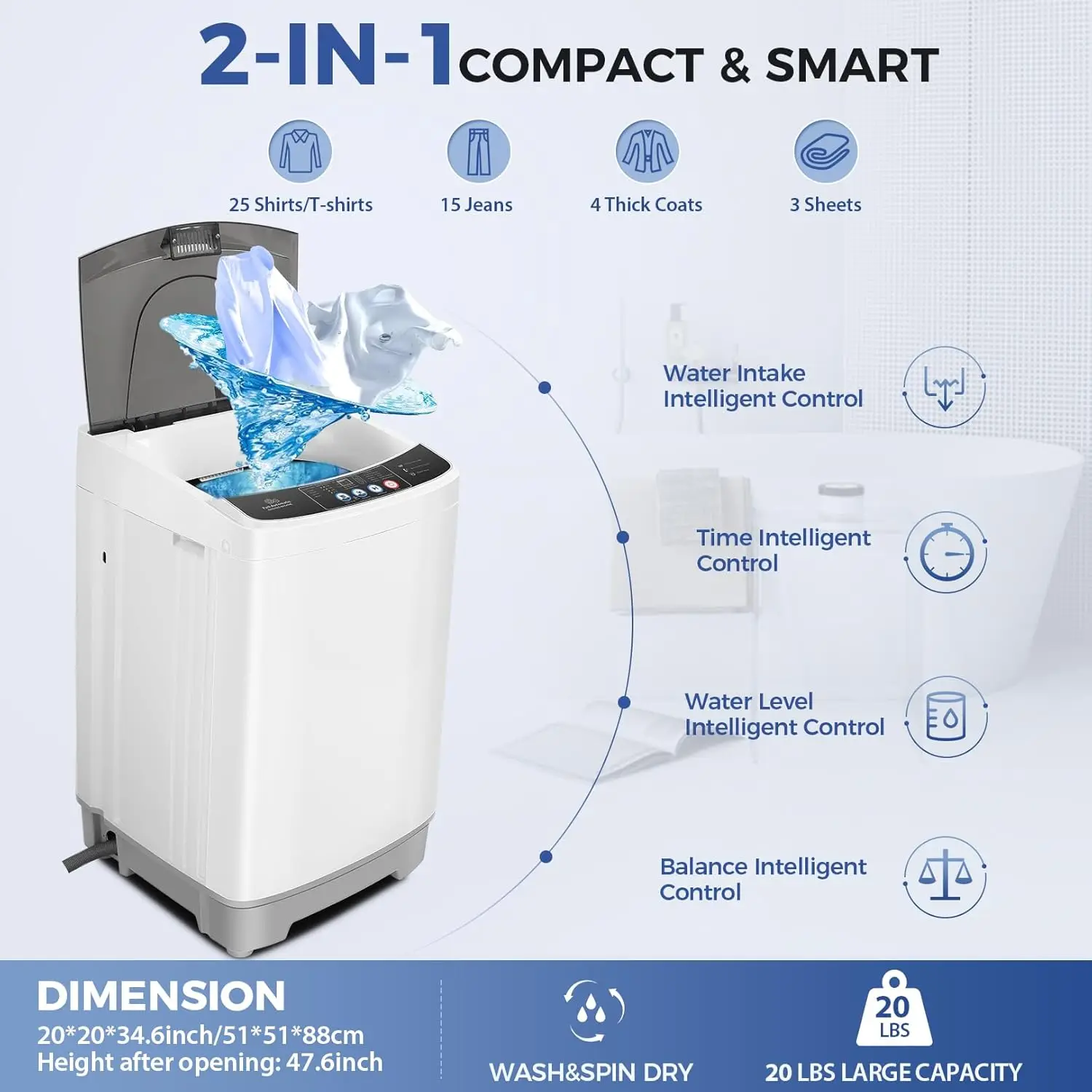 Lavatrice portatile Lavatrice da 20 libbre di grande capacità da 2,8 piedi cubi con 10 programmi e 8 selezioni di livelli d'acqua compatta