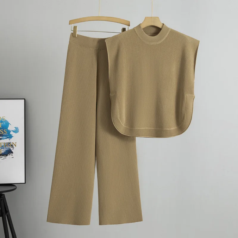 

Women's Casual Knitwear Suit Summer New Solid Color Simple Sleeveless Vest Loose Knit Wide Leg Pants Two Piece Set Female B648