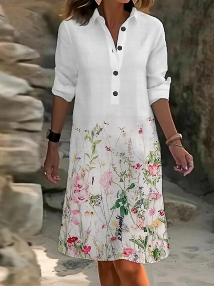 Abito camicia ampia con stampa casual per donna Moda scollo a V manica lunga pullover con bottoni Abiti da donna per le vacanze estive