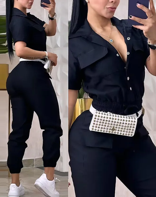 

Elegant Women's Jumpsuit Summer Solid Color Button Pocket Fashion Short Sleeved Casual Elastic Waist Trendy Workwear Jumpsuit