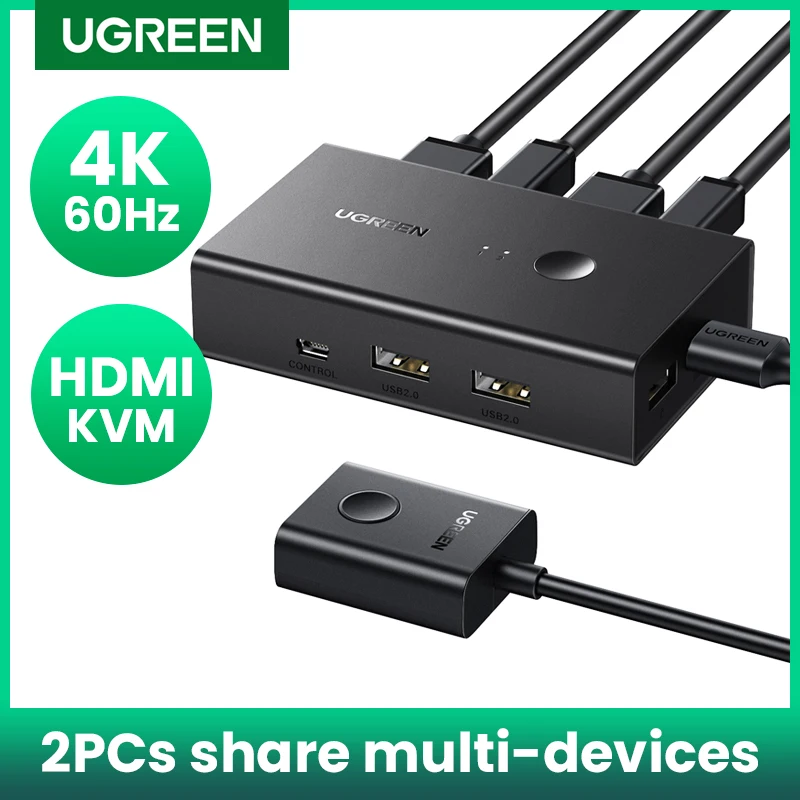 UGREEN HDMI KVM Switch 4K@60Hz USB 2.0 Switcher 2 in 1 Out for Printer Monitor Keyboard Mouse 2 PCs Sharing 1 Device Splitter