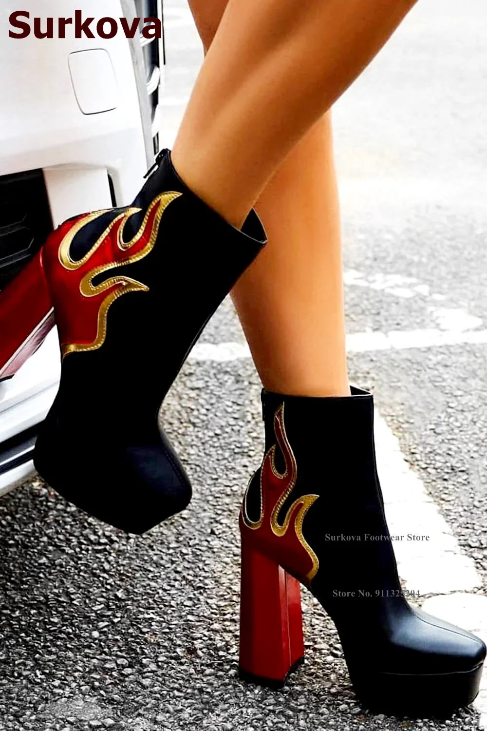 Surkova Flame Detail Platform Block Heeled Ankle Boots Black Red Chunky Heels Color Patchwork Dress Shoes Women Zipped Booties