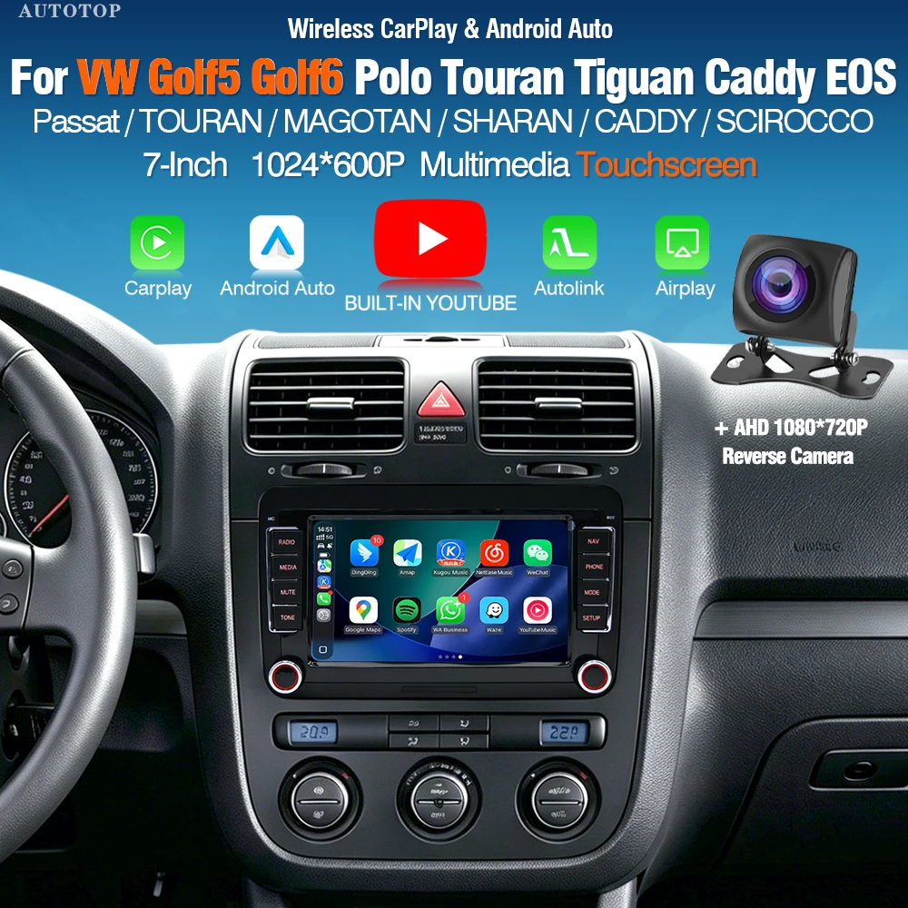 AUTOTOP 7" YouTube draadloze CarPlay stereo voor VW Golf 5/6 Skoda CADDY Passat Polo Jetta EOS Android Auto multimediascherm - afbeelding 2