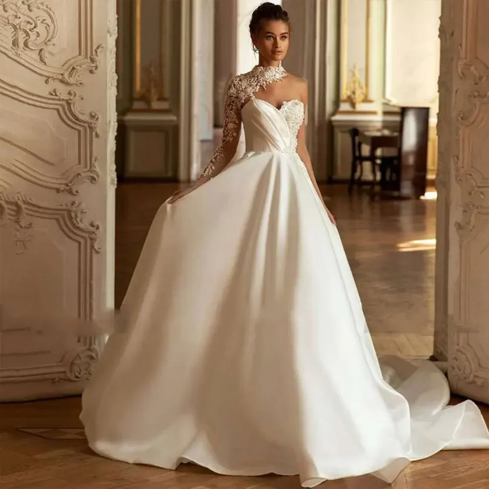 

Elegant One-Shoulder Wedding Dresses Fashion High Collar Flowers Appliques A-Line Gowns Gorgeous Court Train Bridal Dresses