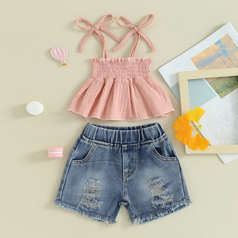 Pudcoco Kids Baby Girls Shorts Set, Tie-up Pleated Camisole with Ripped Denim Shorts Summer 2-piece Outfit 1-5T