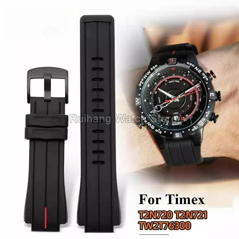Convex Interface Special Buckle for Timex T2N721/739 TW2V22200 Black Watchband Silicone Cold-resistant Non-dusting Skin-gentle
