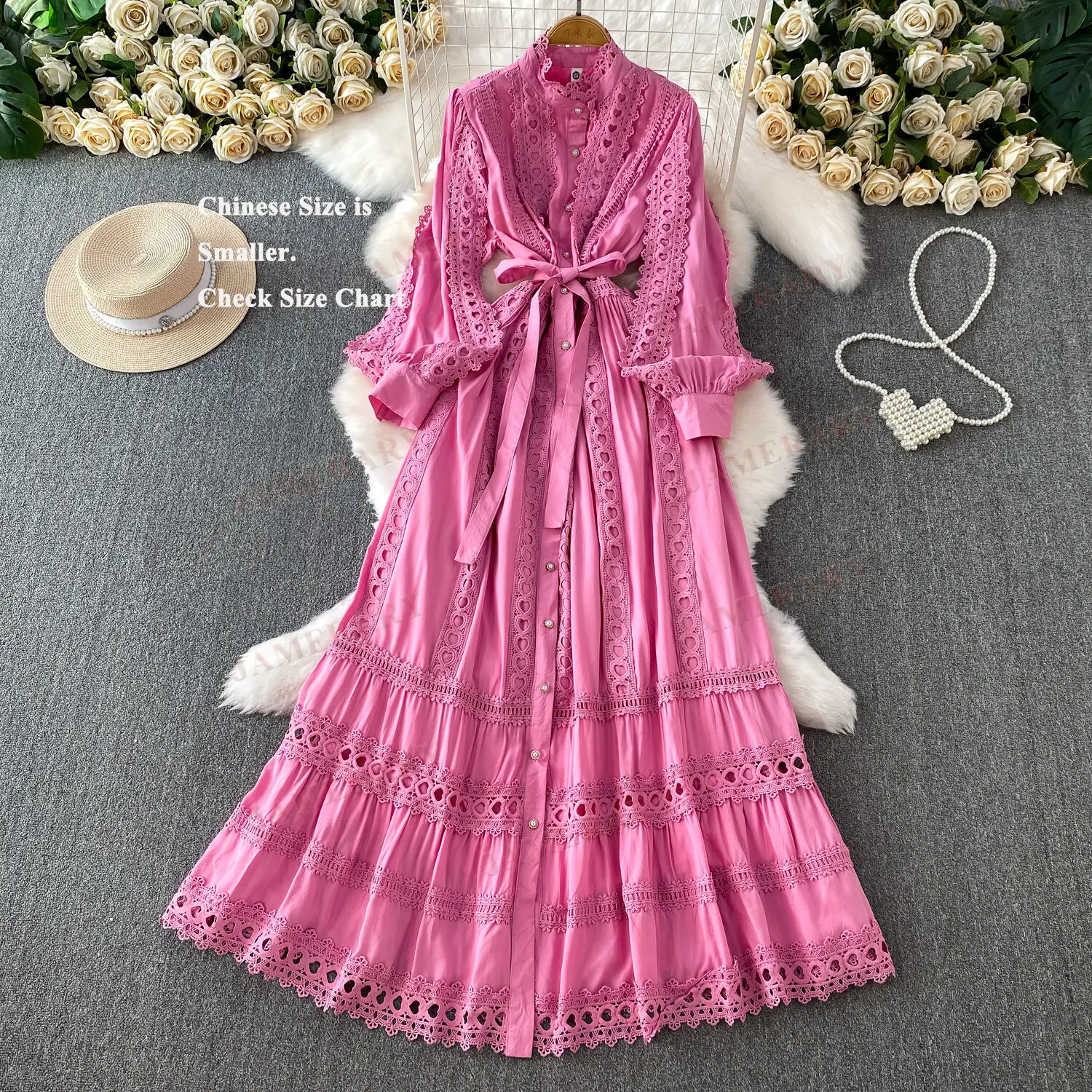 Renda retalhos suporte oco para fora manga longa maxi vestido camisa feminina outono inverno único breasted bordado vestidos de noite