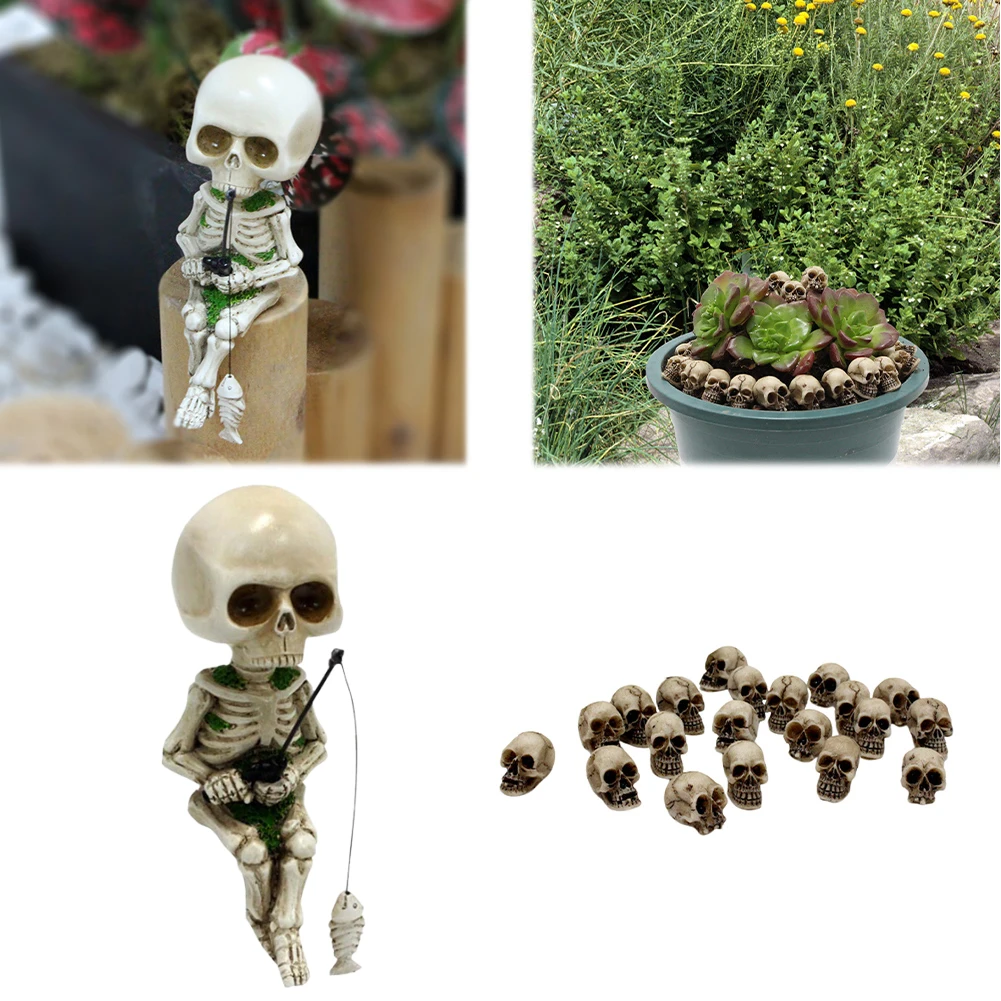 

Resin Cute Skull Fisher Sculpture Halloween Decoration Cute Skeleton Gnome Figurine 20PCS Mini Skull Heads for Outdoor Garden