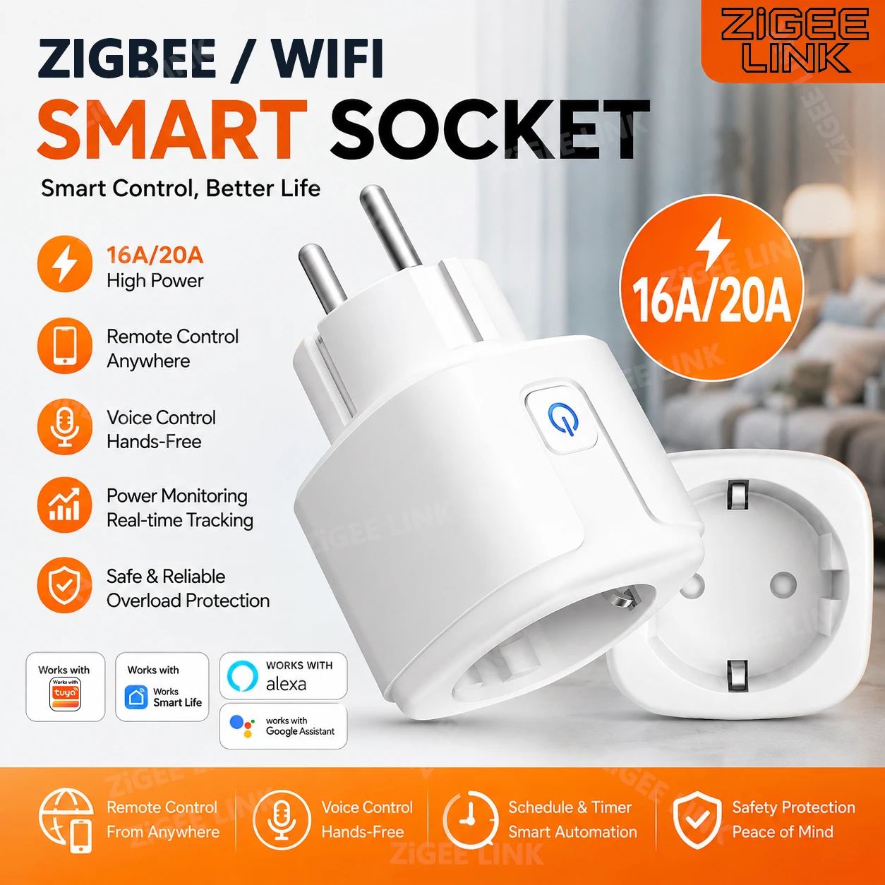 WiFi Zigbee3.0 EU Smart Plug Real-Time Power Monitor Timing Control Outlet APP Voice Control Compatible Alexa Google Alice