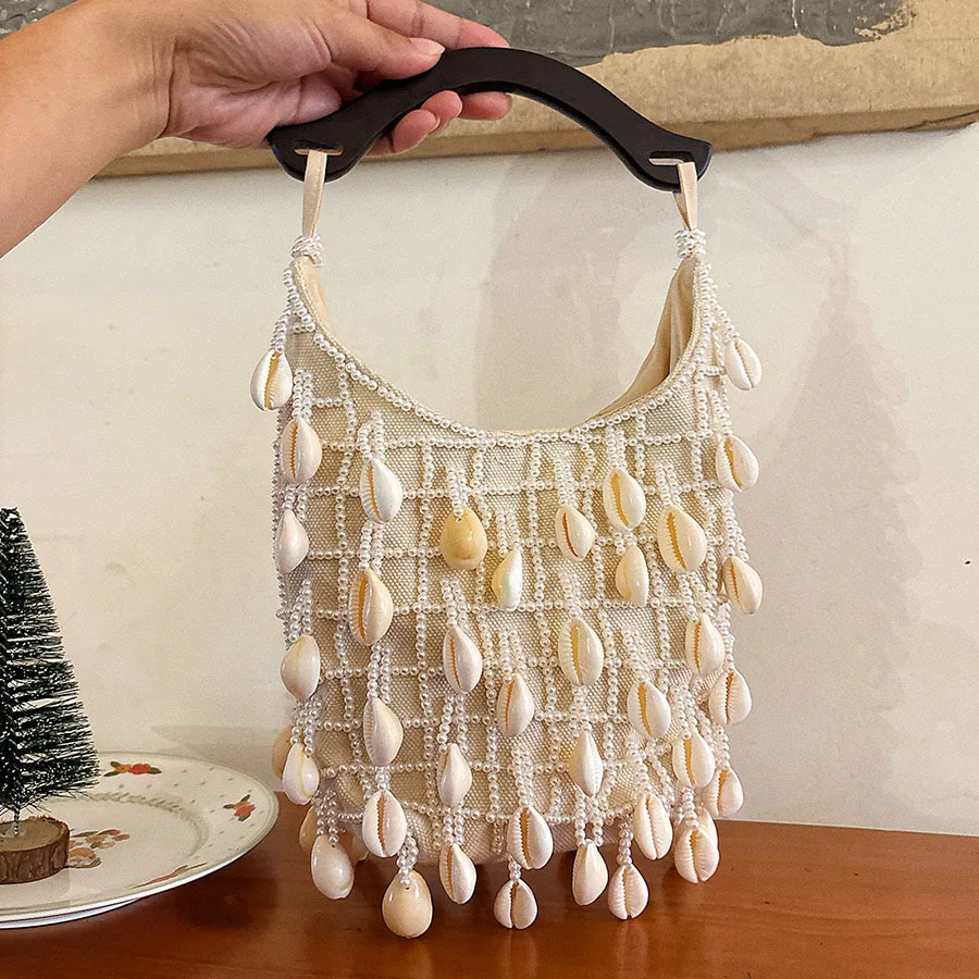 

Handmade Shell Handbag Woven Bucket Bag Wooden Handle Bag Tassel Embroidery Hobo Shoulder Evening Clutch Bag