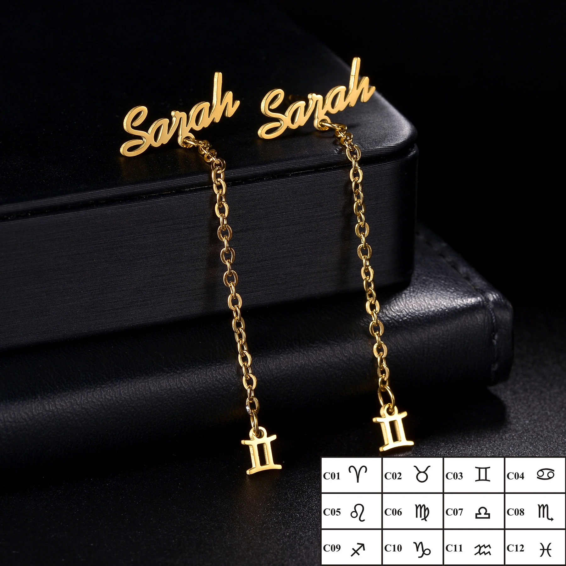 Custom Name Stud Earrings for Women Stianless Steel With Chain Constellation Personalized Letter Dangle Earrings Jewelry Gift