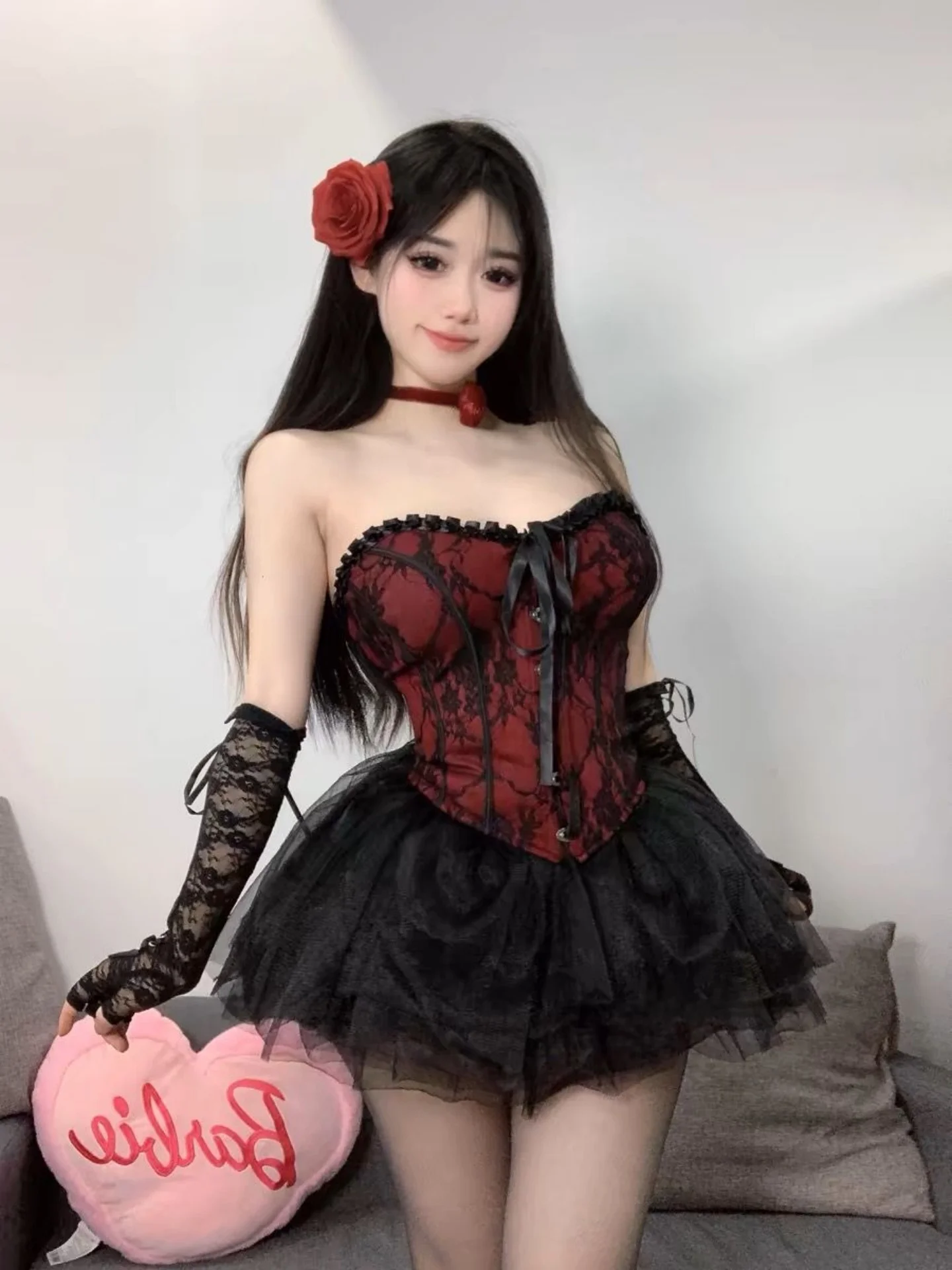 

Sexy Retro Lace Crop Top And Skirt Set loween Theme High Waist Puffy Skirt Polyester Fabric for Various Ocns