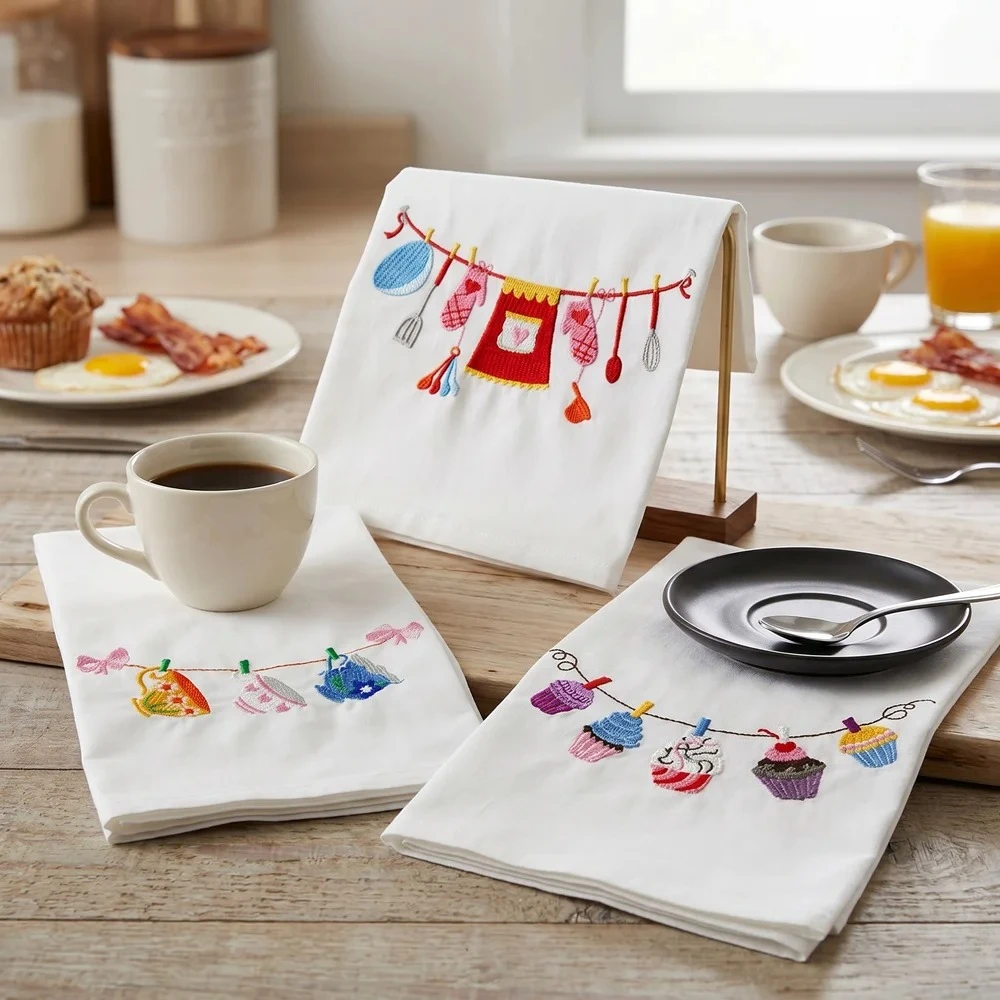 6pcs Cute Embroidered Cotton Tea Towel Cozy Baking Aesthetic Kitchen Dishtowels Absorbent Table Napkin for Dining Room Decor