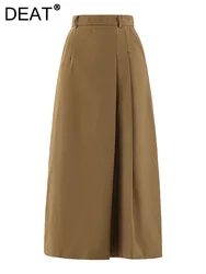 DEAT Fashion Women's Skirt High Waist Back Zipper Khaki Black Split Mid-calf Pleated A-line Skirts Autumn 2024 New Tide CPG1919