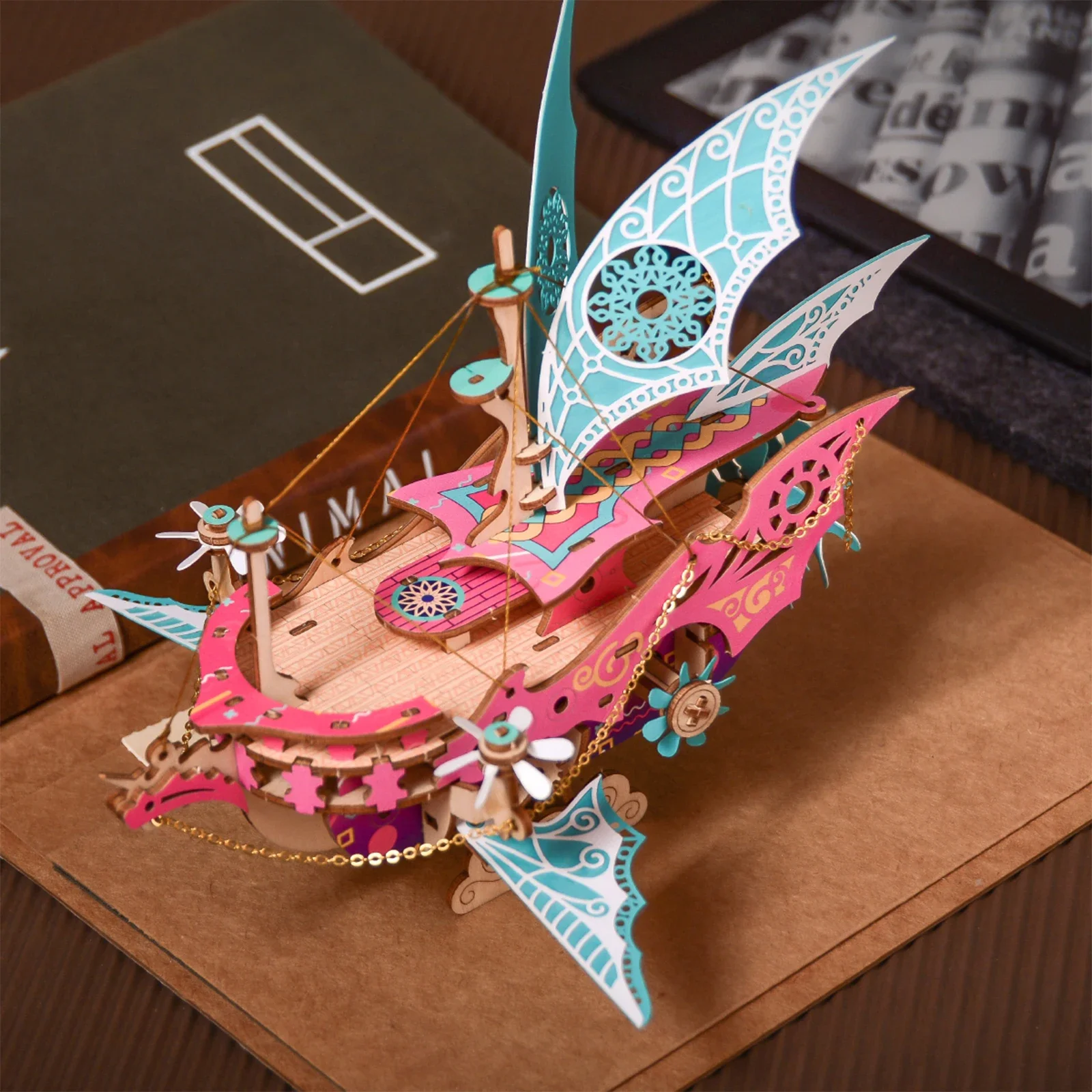 DIY Wooden Chinese Style Building Block Airship Model Handworked One Thousand and One Night Fantasy Ship 3D Puzzle Gift for Kids