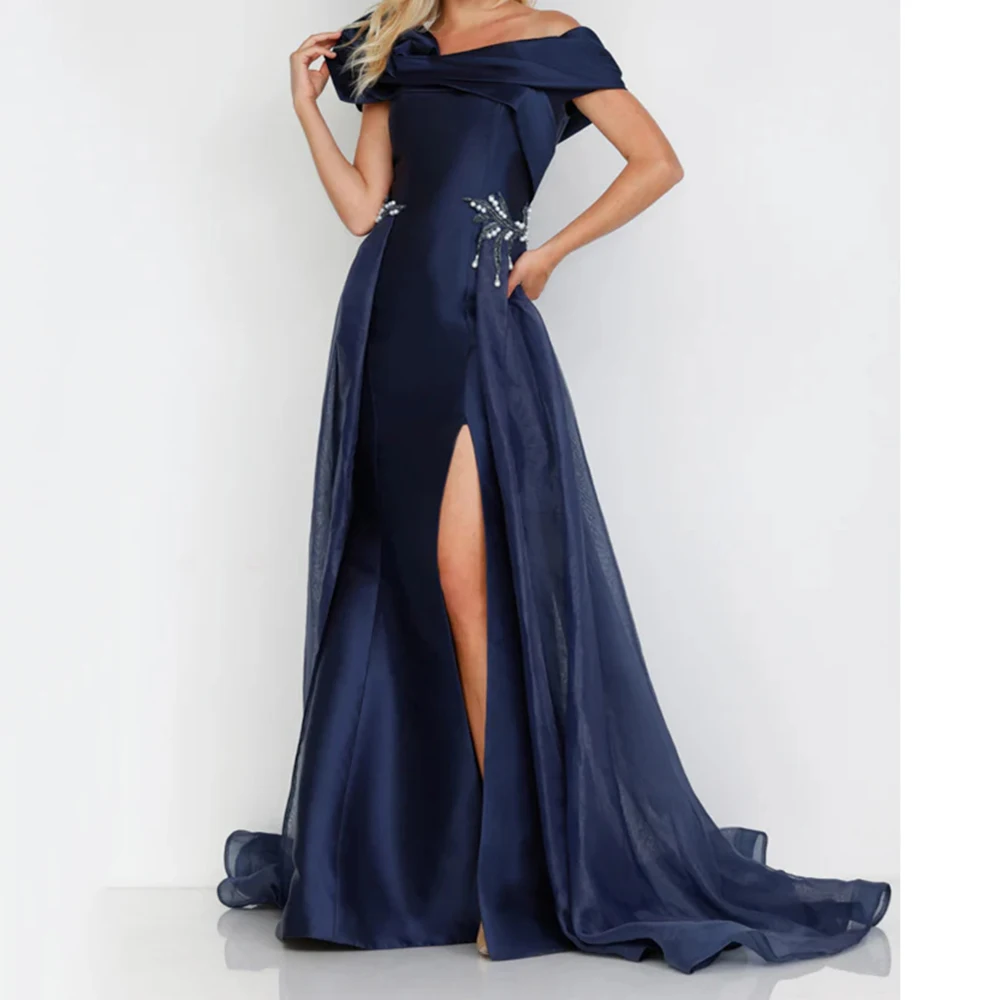 

Customized Mermaid Evening Dresses Floor-length Off The Shoulder Sleeveless Prom Gown Fashion Sequined Beading Draped Party Gown