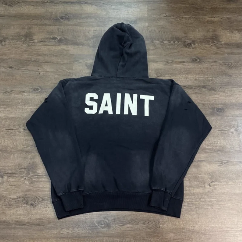 

Большой SAINT белый принт с логотипом, поврежденная толстовка с капюшоном, зима-осень, мужчины и женщины, высокое качество, винтажные потертые черные свободные пуловеры с капюшоном