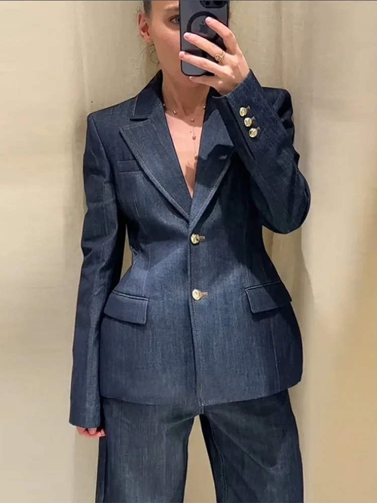 Denim Blazer Coat Tube Top Pants Sets 3 Pieces Women 2025 Spring Notched Button Up Suits Jacket Vest Wide Leg Trousers Suits