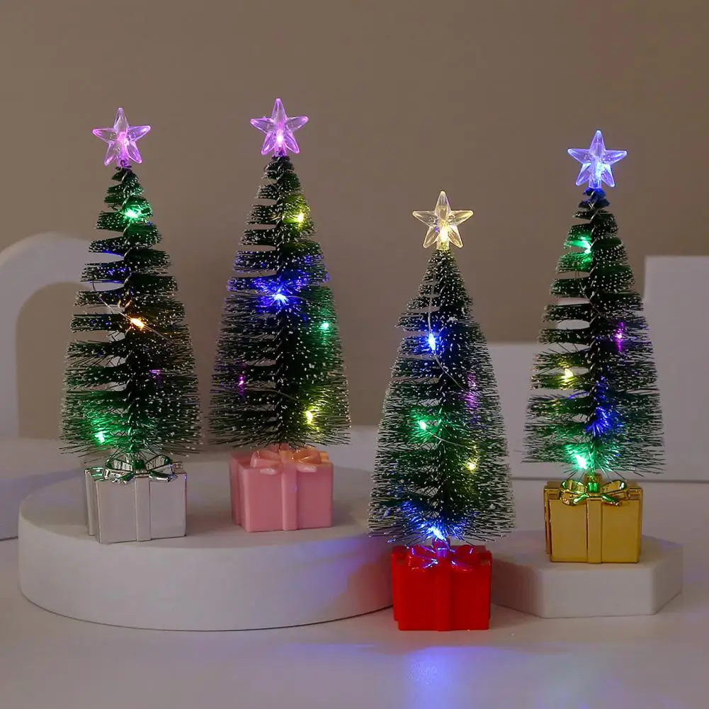 4Pcs Small Christmas Tree Ornaments with LED Lights Battery Powered Realistic Mini Tabletop Christmas Tree (Battery Included)