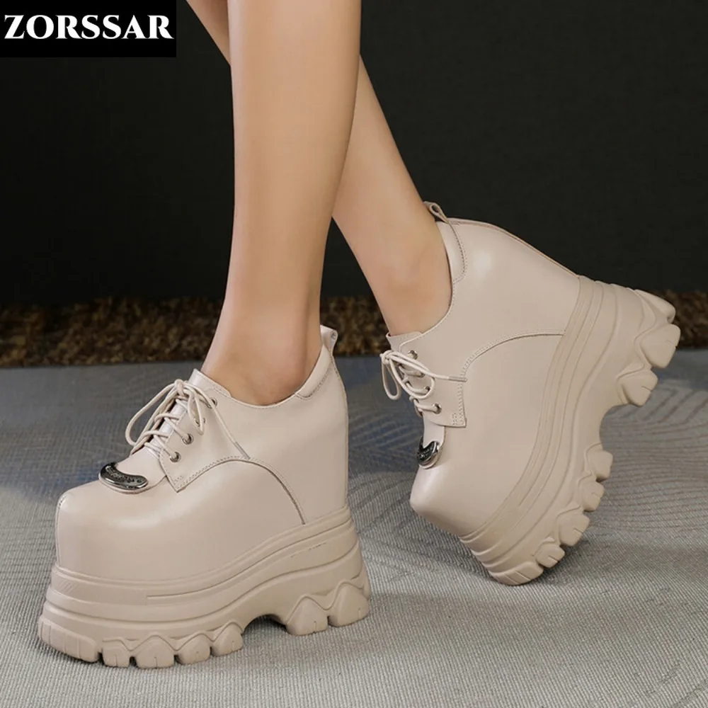 16cm Genuine Leather Women Fashion Sneakers Platform Wedges High Heels Brown Shoes Lace Up Thick Soled Height Increasing Shoes