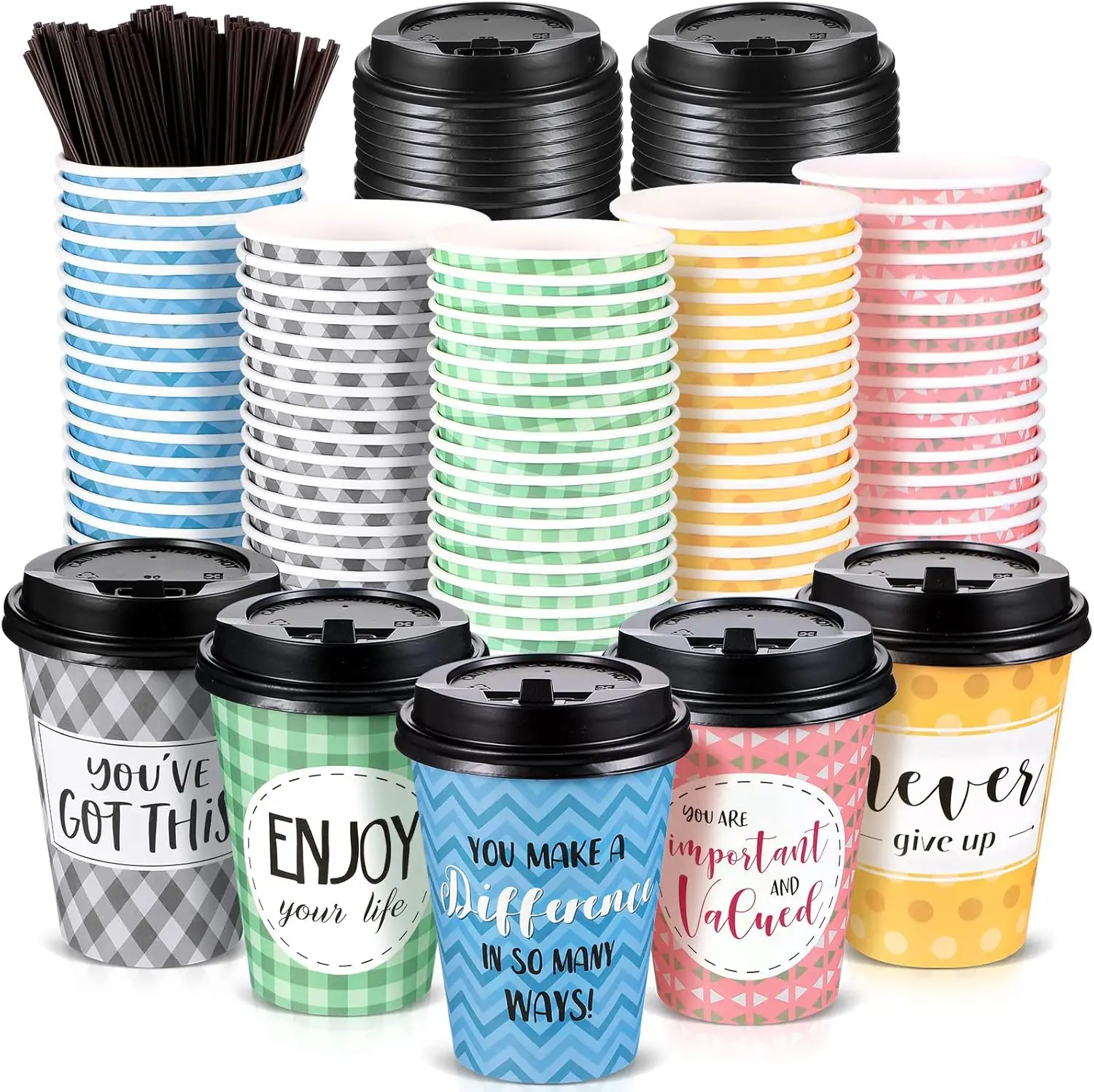 

100 Pack Disposable Coffee Cups with Lids and Straws, Motivational Paper Hot Cups with 6 Quotes and Designs for Water, J