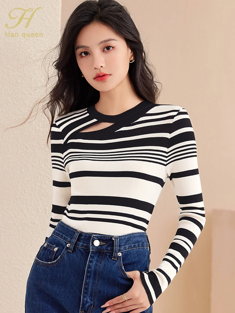 H Han Queen New Autumn Winter Tees Knitted Tops Womens Vintage Simple Long Sleeve Women O-Neck Casual Hollow Out Stripe T-Shirts