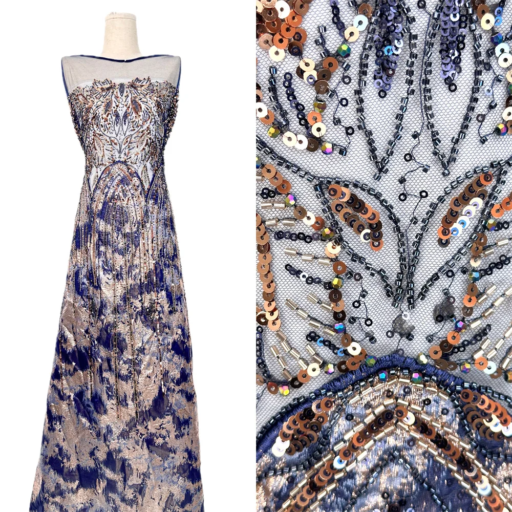 

Fashion Latest Nigerian Africa Lace High-Quality African Beads Sequin Lace Fabric 5 Yards for Women's Wedding Dresses