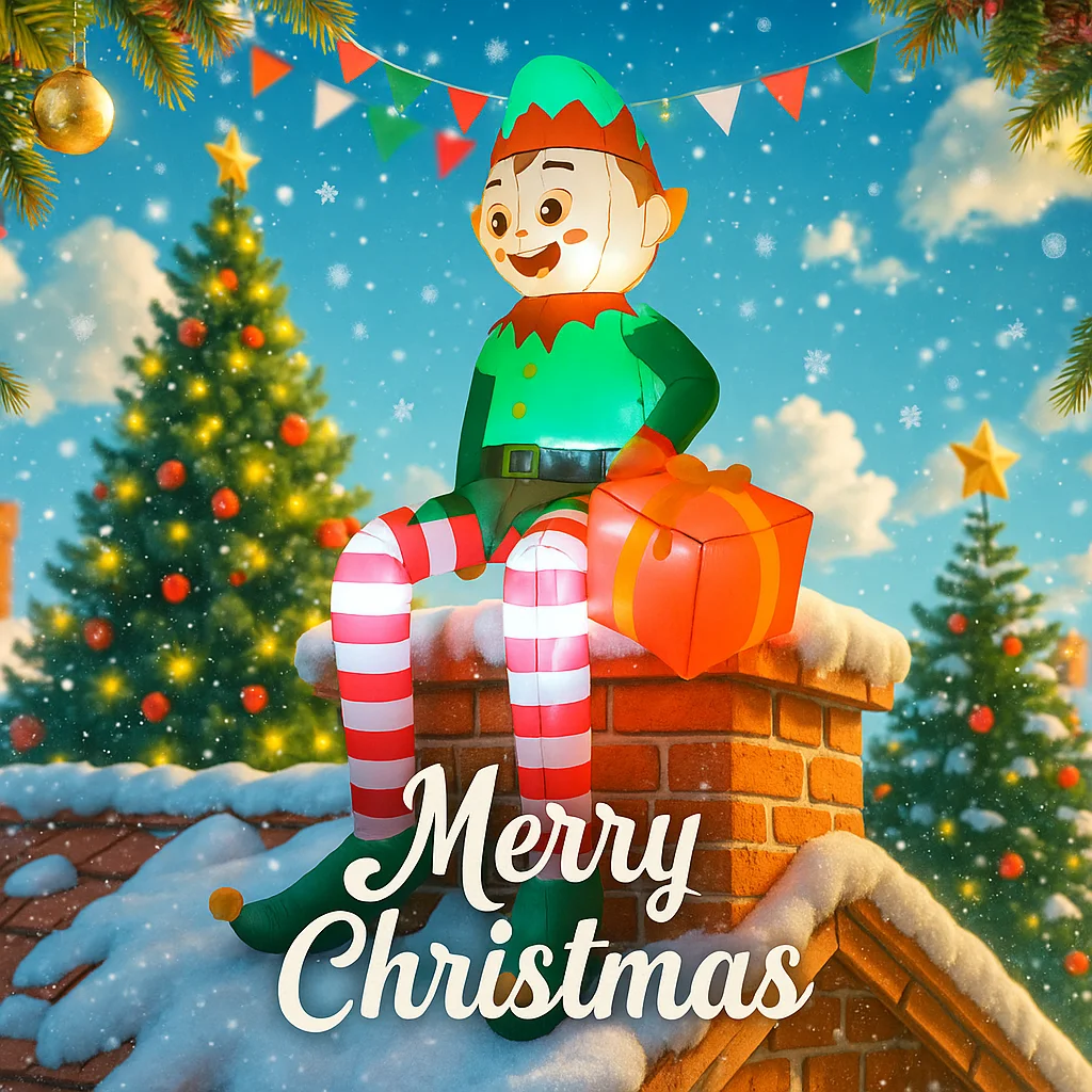 8FT Christmas Inflatable Outdoor Toy Sitting Elf Holding Gift Bag Blow Up Buildin LED Light Xmas Party Decor Inflatable Toy