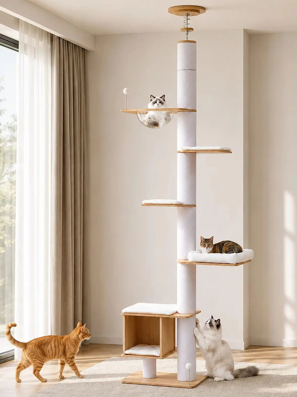 Bodenhoher Katzenbaum für Innenräume mit Höhenverstellbarem Katzenturm, Sisal-Kratzpfosten, Großer Höhle, Acryl-Kapsel, Waschbaren Matten, Modernes Holz-Katzenmöbel und Katzenspielzeug