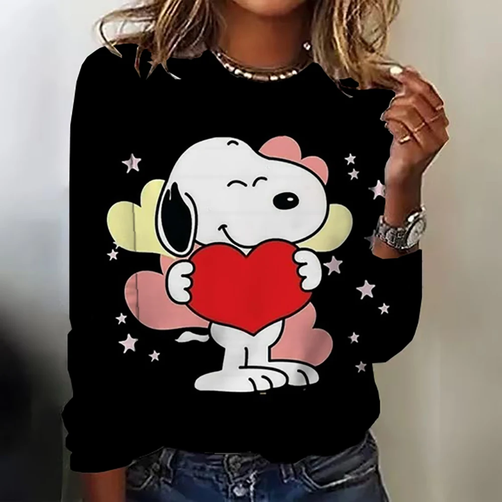 Women\'s autumn round neck Snoopy print slim fit long sleeved casual T-shirt women\'s street fashion outfit 2024 trend