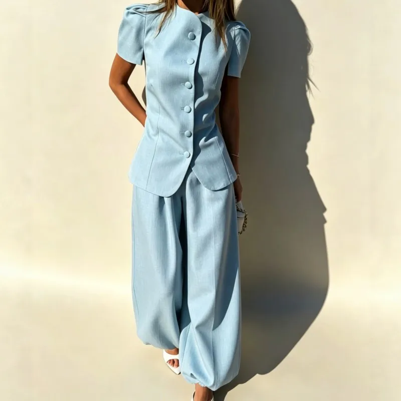 2026 New Summer Women's Pants Set Solid Color With Button Bubble Sleeves Fashion Comfortable Elegant And Unique Formal Pants Set