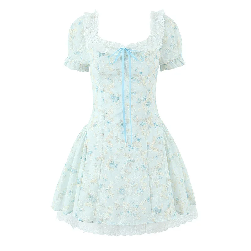 

French Lace Crochet Embroidery Print Waist Slimming for Women Pure Desire Fresh Bowknot Square Neck Short Dress