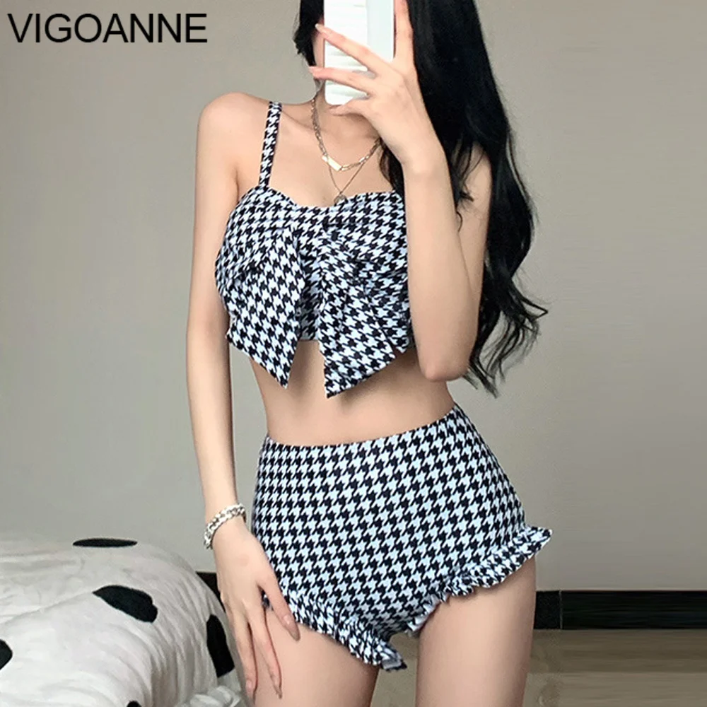 VigoAnne 2024 Print Strapped Swimwear Women Sexy Bow Push UP High Waist Bikini Set Korean Lolita Swimsuit Beach Bathing Suit