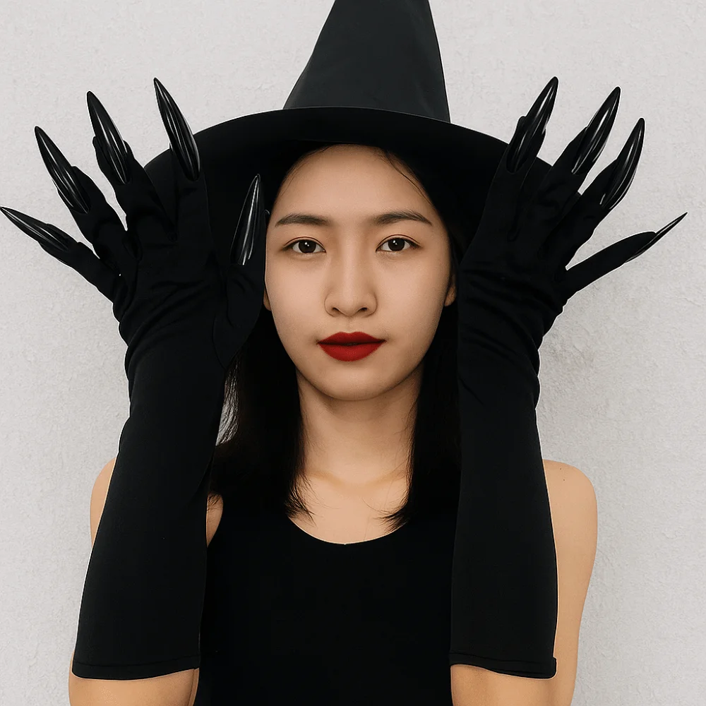 

Black Halloween Makeup Black Nail Gloves Elastic Full Finger Ghost Cat Demon Paw Gloves Funny Women Long Mittens Cosplay
