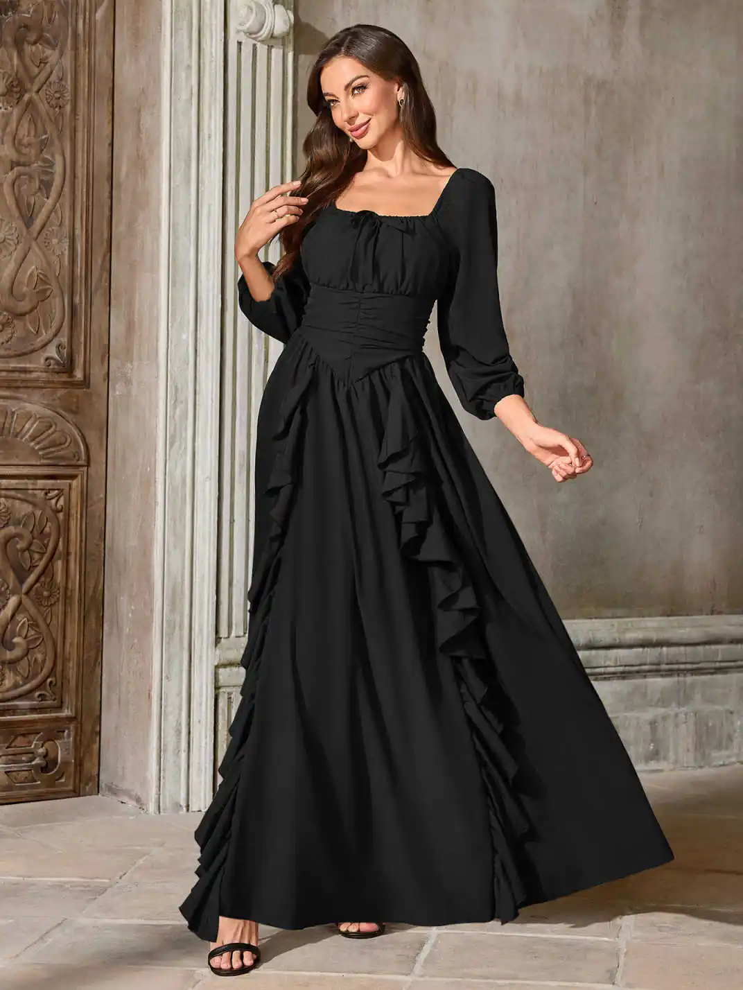 Renaissance Mittelalterkleid Damen Ren Faire Kleid, quadratischer Ausschnitt, lange Puffärmel, gesmoktes Oberteil, Rüschendetails