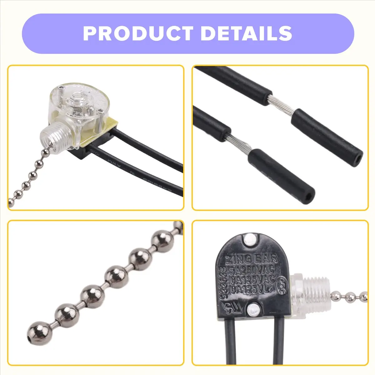 [A64E] Ceiling Fan Light Switch Zing Ear ZE-109 Two-Wire Light Switch with Pull Cords for Ceiling Light Fans Lamps 2Pcs Silver