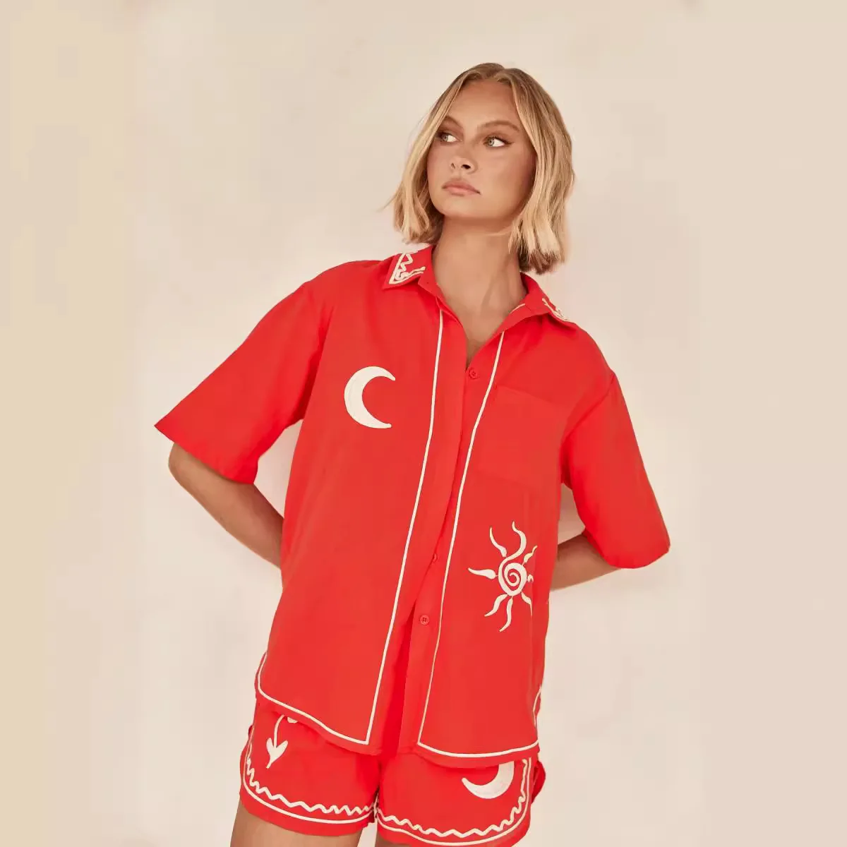 25 春夏新作 3D刺繍入り 快適カジュアルショートシャツセット-88189