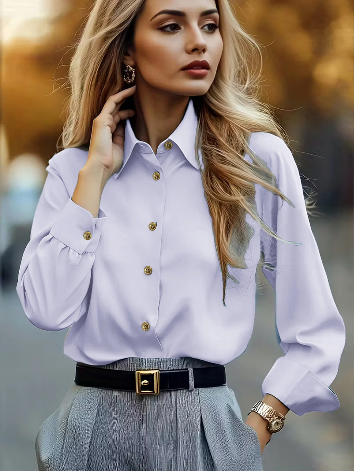 

Women's Light Purple Button Down Shirt Long Sleeve Turn Down Collar Gold Button Detail Office Work Blouse