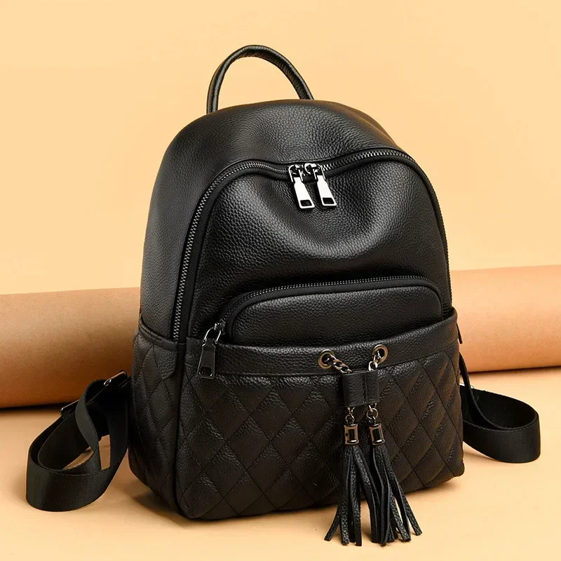 

2024 New Fashion Luxury Brand Cow Genuine Leather Women Backpacks Female Tassel Girl Student Korean Casual Designer Backpack