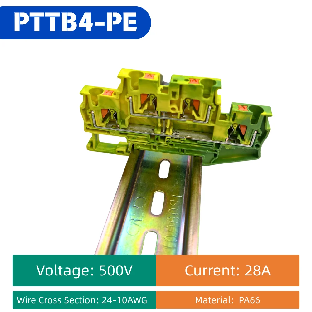 10PCS PTTB4-PE Double Layer Ground Terminal Block 2 In 2 Out Push-in Spring DIN Rail Screwless Earth Connector, 4mm²