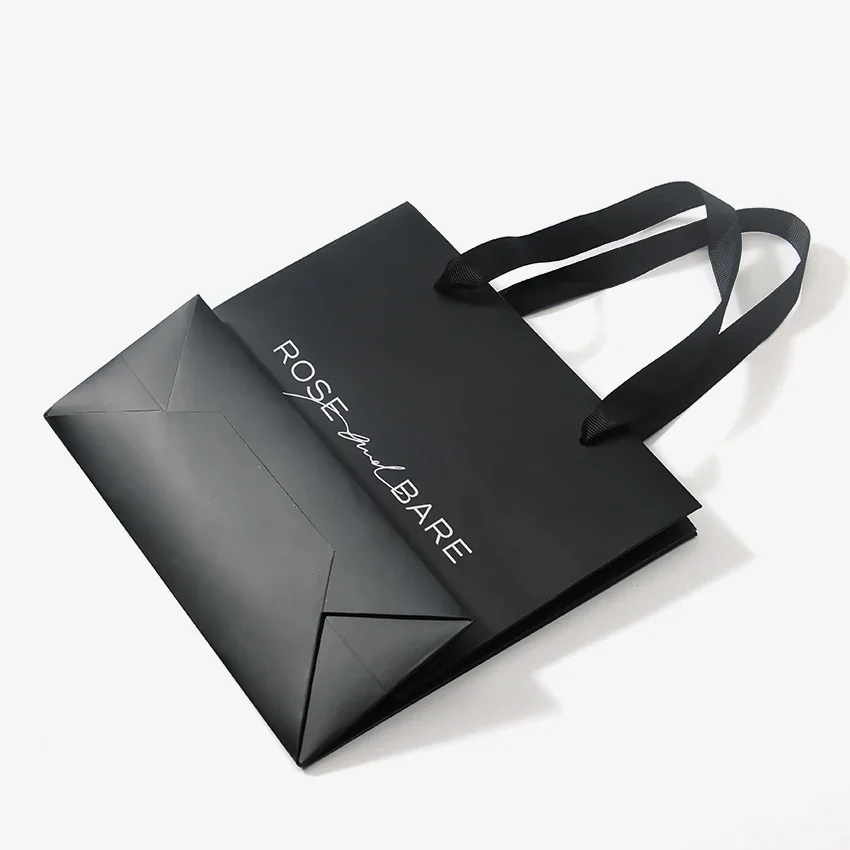 Luxury Black Gift Paper Bag Custom Made Printed Logo Jewelry Packaging Costing Paper Shopping Paper Bag With Ribbon Handles