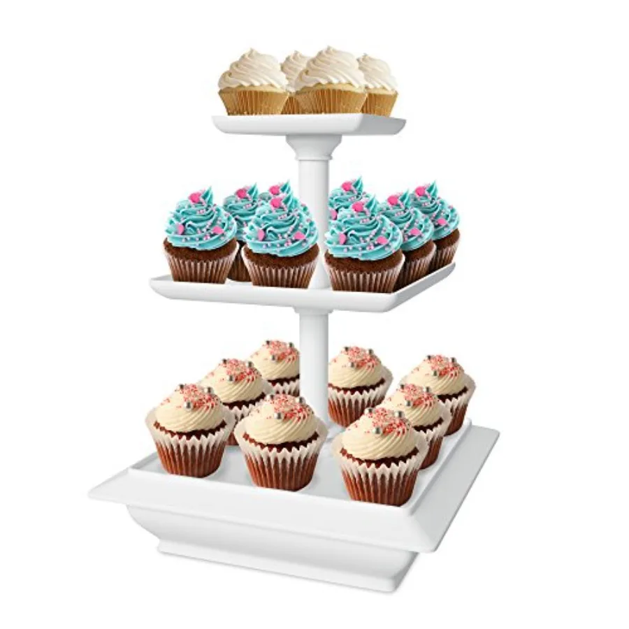 3-Tier Cupcake Stand - Square Display Stand for Birthday, Tea Party, Wedding, or Baby Showers - Dessert Table Display Set White