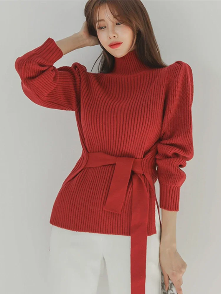 

Fashion Women Sweaters 2023 Autumn Winter Solid Turtleneck Knitwears Korean Fashion Lace Pullovers Temperament Long Sleeve Top