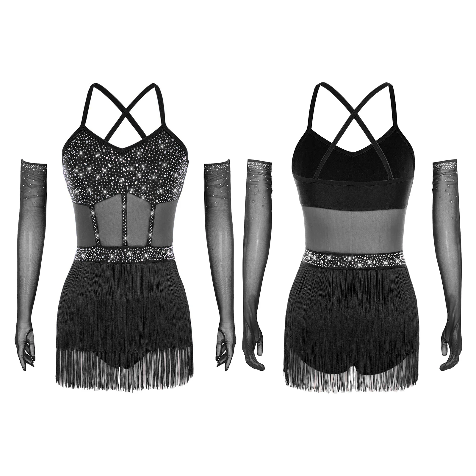 Costume de danse Tango Chacha pour femmes, robe justaucorps Latin à franges en maille transparente avec gants pour Rumba, spectacle de danse de salle de bal Jazz latine
