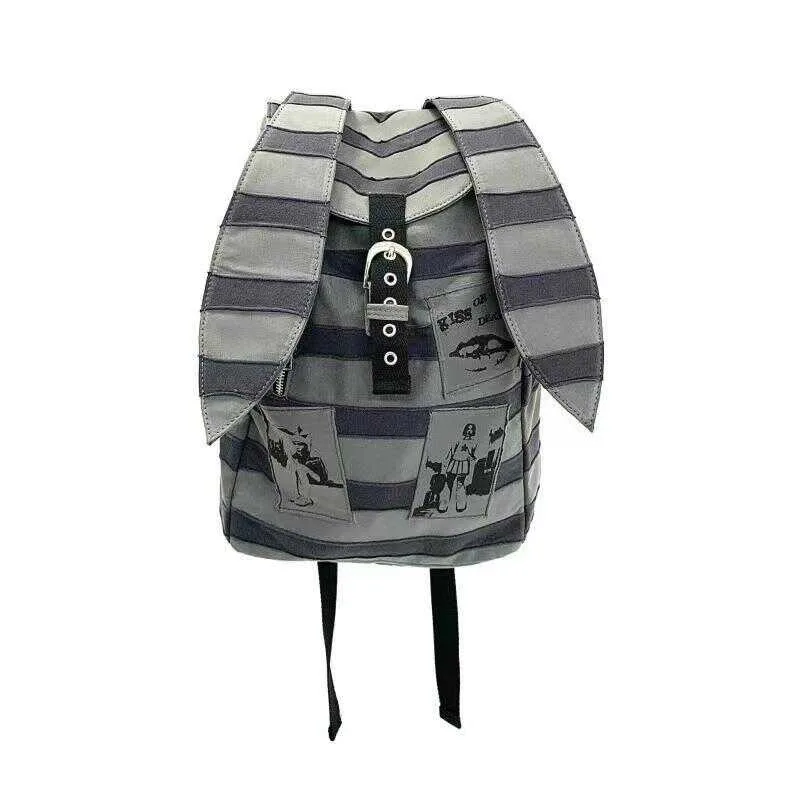 Y2K Punk Aesthetic Rabbit Ears Backpack Striped Spliced Patch Printed Rucksack Streetwear Casual Daypack for School Daily Travel
