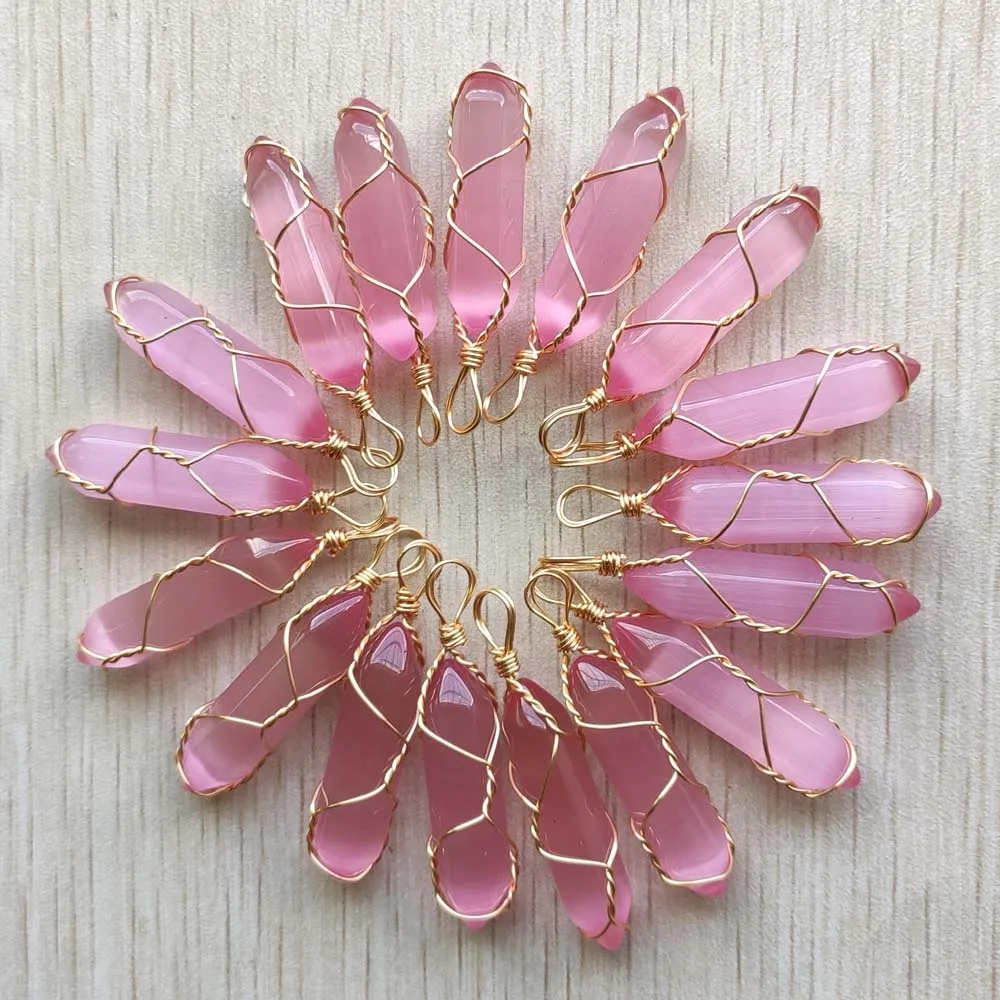 

Fashion cat eye stone pink handmade gold color wire pillar pendants for jewelry making free shipping Wholesale 24pcs/lot